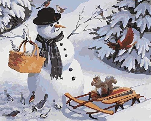 ABEUTY Wandkunst Schneemann Eichhörnchen Kleiner Vogel Schal Hut Korb Malen nach Zahlen, DIY Ölgemälde auf Leinwand Gemälde 40x50cm