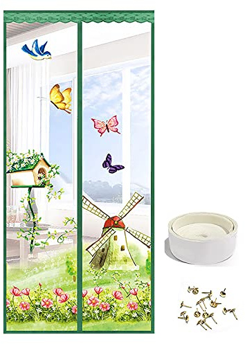 Floral Magnetic Insect Door Screen High Density Fly Bug Mosquito Mesh Curtain Top-to-Bottom Let Fresh Air in Automatically Shut Door Curtain, 90x210 cm/100x210 cm (Green, 90x210 cm)