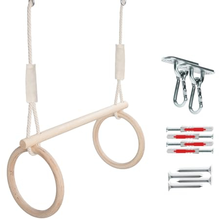 MAMOI® Trapez Schaukel, Turnringe aus Holz, Indoor & Outdoor Gymnastikringe, Trapezstange und Schaukel, Turngeräte aus Holz