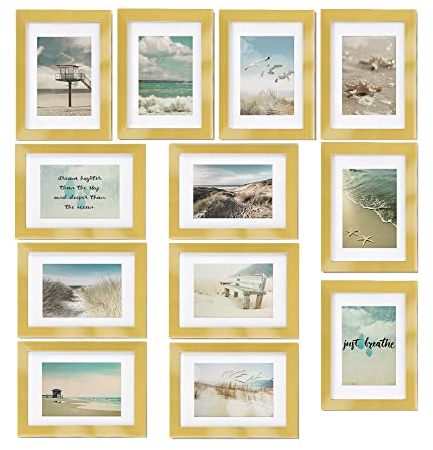 bomoe 12er Bilderrahmen Set Ocean – Fotorahmen Collage für 13x18 cm Bilder Holzbilderrahmen mit Passepartout - Bilder Collage Fotorahmen aus Holz & Kunststoffglas - Fotowand Bilder Set Gold