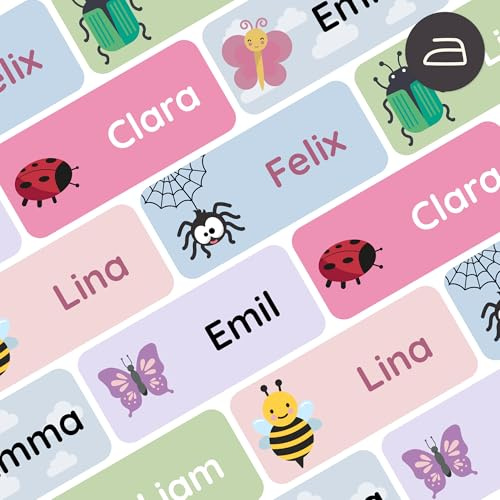 Klebekerlchen® Personalisierbare Bügeletiketten - Namensschilder für Kleidung, Sticker zum Aufbügeln, Etiketten für Kleidung - 120 Stück, 3 x 1,3 cm, Kinder, Schule - Insekten