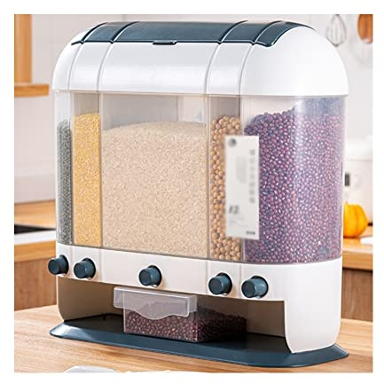 ZQDMYT Container Multifunction Cereal Dispenser, 5 Compartments Dry Food Dispenser One-click Output Dried Fruits Cereals Grain Dispenser Countertop (Size : 3.4 gallon)