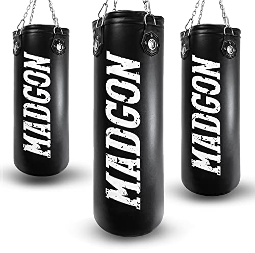 MADGON Boxsack gefüllt & ungefüllt 80/120/150cm Höhe. Sandsack mit optimaler Schlagdämpfung für sicheres Training. Punch Bag mit Langer Haltbarkeit für Erwachsene & Jugendliche. Mit Kette + Karabiner