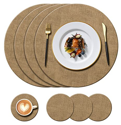 Rundes Kunstleder-Platzset(34cm) & Untersetzer(10cm), Beige, 4er-Set | Hitzebeständig bis 100 °C, Rutschfest & Wasserdicht, Pflegeleicht, für Küche, Esszimmer, Restaurant, Hotel & Garten