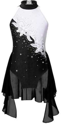 Freebily Abito da Pattinaggio Artistico Bambina Paillettes Abito da Ballo Lirico Contemporaneo Senza Maniche Strass Body Danza Classica Moderna Vestito da Balletto Nero 9-10 Anni