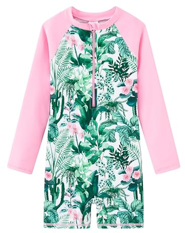 LIBREDGE Rashguard - Traje de baño para niña, manga larga, una pieza, cierre de cremallera, protección solar UPF 50+, Rosa Plantas Tropicales, 8 años