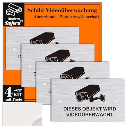 Sugeru 4-er Schild Videoüberwachung mit Paste - 100mm | Achtung videoüberwachung privatgrundstück schild | DIESES OBJEKT WIRD VIDEOÜBERWACHT | Aluverbund - Wetterfest,Dauerhaft (4pcs- 100 x 60mm)