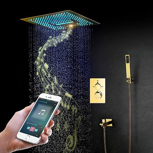 PINCHU Système De Douche Or avec La Musique Bluetooth, Colonne De Douche Mitigeur avec LED 64 Couleurs Pommeau De Douche Cascade Et Pluie De 40CM, Douchette À Main, Bec De Baignoire