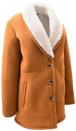 A1 FASHION GOODS Angela Damen Mantel aus echtem Wildleder, Cognac, mittellang, weißes Lammfell, klassischer Parka, cognac, 42