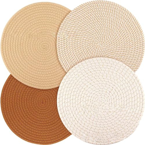 4 Stück Topfuntersetzer Set Untersetzer Baumwolle Faden Weben Matte Heißer Topf Halter Topflappen, 7.3IN Runde Geflochtene Untersetzer Topf Heiß Pads Löffelablage zum Kochen in Küche (Braun)