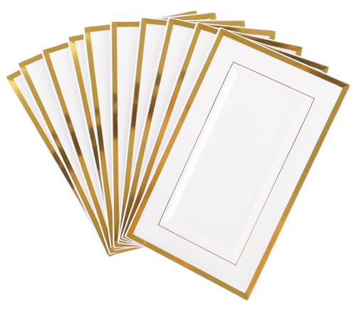 SHUESS Lot de 10 plateaux de service rectangulaires en plastique blanc avec bord doré pour dessert, buffets, sushis, gâteaux, amuse-bouches, 33 x 20 cm