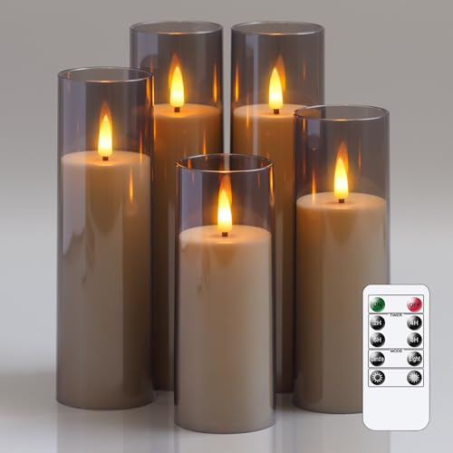Yeelida Akril Flammenlose flackernde LED-Kerzen mit Fernbedienung und Timerfunktion, batteriebetrieben 5,5cm x 12,5 15 17,5 20 20cm Kunststoff-Kerzen für Heimdekoration (Langlebig, Grau)