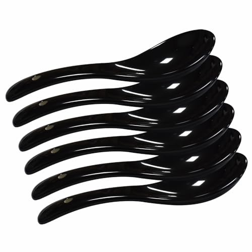 Lotatheta Black 6 pcs Porcelain Soup Spoon Ceramic Round-Bottom Asia Rice Spoons Chinese Won Ton Spoons for Home Kitchen Restaurant