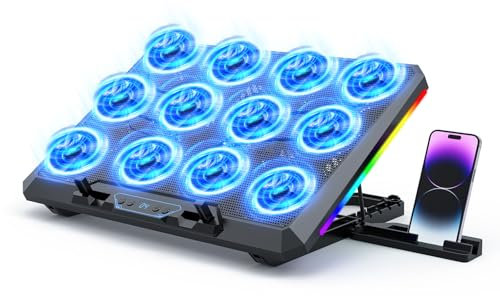 Trullypine Laptop Cooling Pad, 12 Quiet Fans, Slim Portable for 12-17.3 Inch Laptop Cooler Stand, RGB Lighting, 5 Height Adjustable, Gaming Cooling Fan Pad, USB/Type-C & Phone Holder (LCD Version)