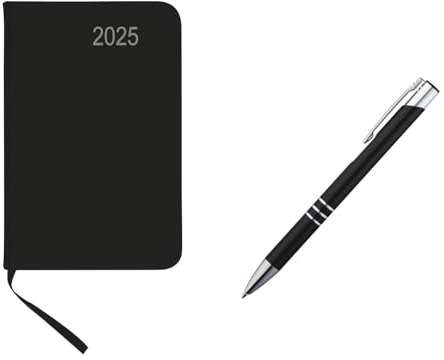Taschenkalender 2025 / ca A7 / PU Einband / Farbe: schwarz+Metall Kugelschreiber