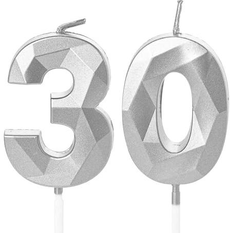 Silver 30th Birthday Candles for Cake, 30 Candles, Cake Toppers