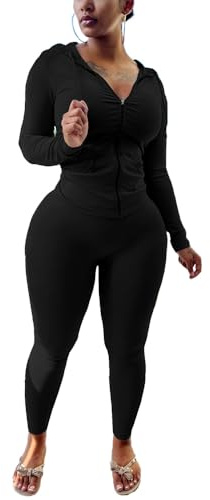 Nimsruc Two Piece Outfits For Women Long Sleeve Bodycon Tracksuit Casual Sweatsuits Jogger Sets Black XL