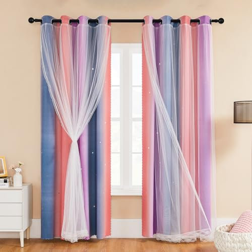 XiDi Rainbow Curtains for Bedroom Stars Decoration Thermal Insulated Net Curtains with Rings for Kids Girls Bedroom Window Treatment Grey Pink Purple 52x63 Inch 2Pcs