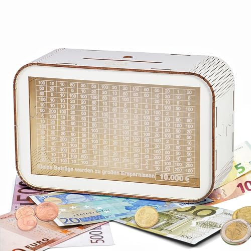 LOVLEY Huchas Originales para Adultos y Niños – Hucha Ahorro 10000 Euros con Contador – Caja de Ahorro de Madera y Acrílico Reutilizable y Decorativa (Mapa del Mundo, Blanca)