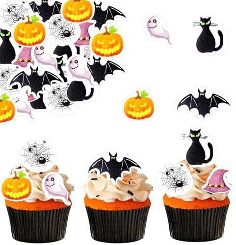 ENLACE Essbare Tortendeko Halloween Fledermaus Deko,48 Stück Halloween Kuchen Deko Essbar 6 Stile,Essbare Hexenhut Cupcake Topper,Schwarze Katze Kürbis Spinnennetz Geist Muffin Dekorationen Essbar