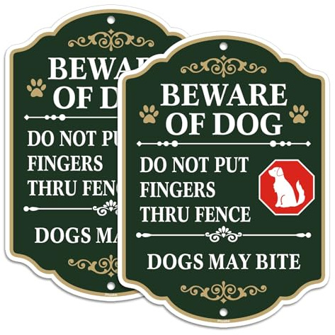 Phyabe 2 Pack Beware of Dog Sign, Do Not Put Fingers Thru Fence, 25 x 18 cm | Dogs May Bite Rust Free Aluminum Sign,Pre-Drilled Holes, Weather Resistant, Waterproof, UV Protected, Easy to Install
