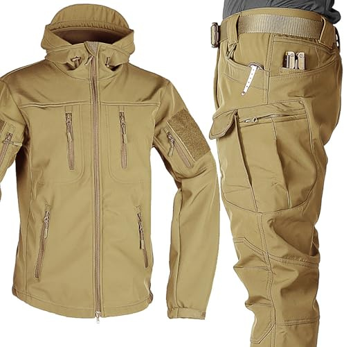 TAUIANE Set Completo da Sci da Uomo in 2 Pezzi, Giacca Softshell, Tuta Snowboard, Set di Tute da Combattimento Militari Impermeabili, Giacca E Pantaloni Tattici, per attività All'Aperto,Cachi,XXL