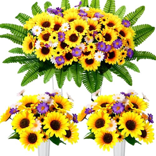 Tigeen 3 Pieces Artificial Cemetery Flowers for Headstone Memorial Day Flowers Funeral Headstone Saddle Sunflowers Bouquets with Vase for Outdoor Tombstone Grave Decoration(Purple and White)
