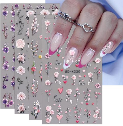 JMEOWIO 3D Nagelsticker Blumen Nail Art Sticker Selbstklebend Nagelaufkleber 5D Stereoskopisch Frühling Sommer Dekoration Nageldesign Zubehör 4 Blatt