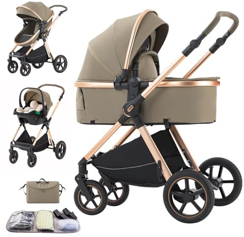 Shineey Passeggino 3 pezzi Carrozzina Ovetto Schienale Regolabile Completamente Reclinabile passeggino 3 in 1Grandi Ruote pneumatici in gomma,passeggino combinato (D2/LIGHT BROWN, H2-D)