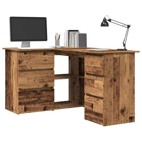 Myheimly Eckschreibtisch 6 Schubladen 2 Regale Schreibtisch Computertisch Bürotisch PC Tisch Laptoptisch Arbeitstisch Altholz-Optik 145x100x76 cm Holzwerkstoff