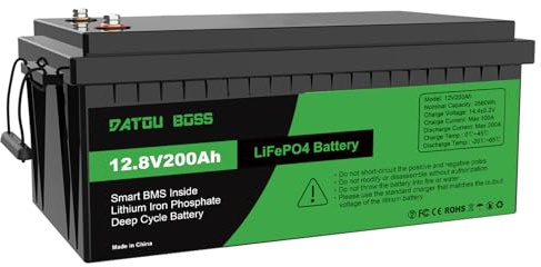 DATOUBOSS 12V 200Ah LiFePO4 Batterie, bis zu 15000 Zyklen Deep Cycle Lithium Akku, Max. Ausgangsleistung 2560W, 200A BMS, Unterstützung in Serie/Parallelschaltung, für Wohnmobil, Solar Home System