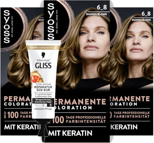 SYOSS Coloration 6_8 Dunkelblond (3x 115 ml), permanente Coloration mit Keratin verleiht bis zu 100 Tage professionelle Farbintensität & SOS-Intensiv-Kur Total Repair (15 ml), Haarkur mit Keratin