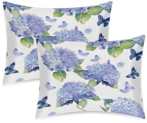 Mexpekil Purple Blue Hydrangea Butterfly 2 Pack Satin Pillowcase for Hair and Skin, Smooth Like Silk Pillowcases, Pillow Case Covers Standard Size 20x26 in for Bedroom