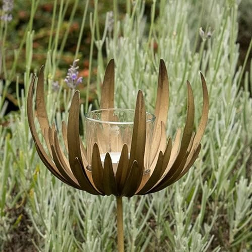 Crocus Collection 90cm Tealight Lantern Decorative Flower Stake Antique Brass Candle Holder Freestanding Pole