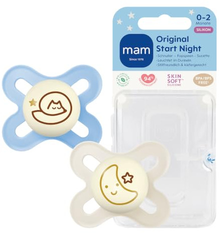 MAM Original Start Night Schnuller | 0-2 Monate | Leuchtende Babyschnuller für Neugeborene | 94% Akzeptanz | stillfreundlich | von 100% der Hebammen empfohlen | SkinSoft Silikon | blue | 2 Stück