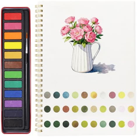 Aquarell-Arbeitsbuch, Aquarellfarben Arbeitsbuch Enthält 12 Szenen Im Stil | Einsteigerfreundliches Aquarell Arbeitsbuch für Wasserfarbe, 12 Farben Aquarellfarben-Set Mit Pinsel, Geschenk für Frau