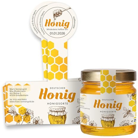 Honigetiketten 250 g personalisierbar mit Gewährverschluss – Aufkleber für Honiggläser selbst gestalten – selbstklebend, ablösbar – ab 25 Stück – (HONIG - 250 g - GEW11)