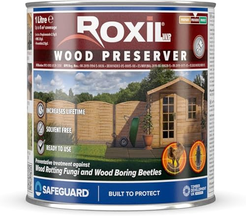 Roxil Wood Preserver Clear (1L) Odourless Pre-Treatment Wood Preservative Against Dry Rot, Wet Rot, Fungal Attack and Woodworm. Solvent Free, Ready to Use, for Outdoor Fence, Decking & Shed