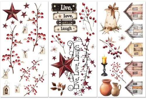 PLIGREAT 3 Blatt Vintage Rub On Transfers Abziehbilder Mit Country Sternen Und Beeren Zum Aufreiben Für Möbel Und Bastelarbeiten wasserfeste Transferaufkleber Für Holzkommoden Weihnachten Dekorativ