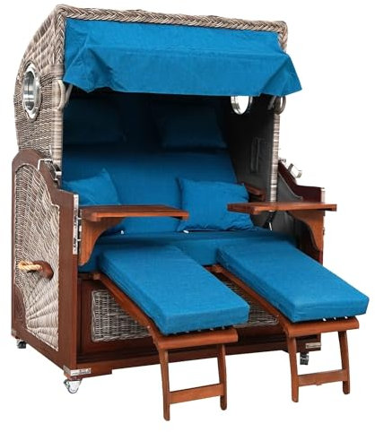 Webavita Strandkorb Bali Mahagoniholz | 2,5-Sitzer | Montiert | Geflecht Grau | Bezug Stahlblau | Halblieger | Beach Chair für den Garten Terrasse Balkon