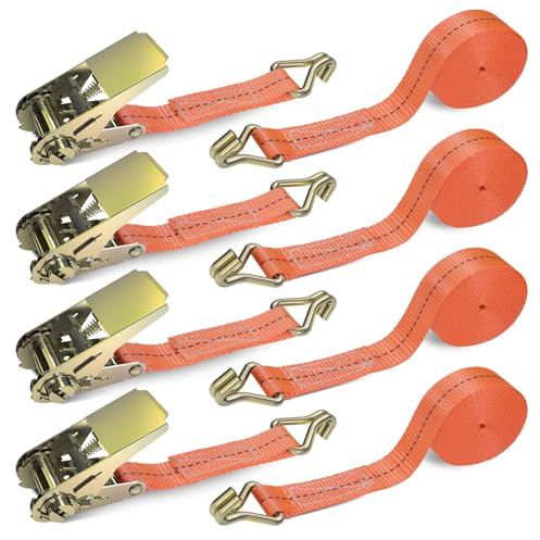 GLOSKIN Cinchas de Amarre con Trinquete y Gancho, Eslingas de Amarre,5.5m × 2.5 mm, 1000 kg, Eslingas de Carga,Kit de Trinquete de 4 Piezas, Empate Dividido de Dos Partes, Naranja
