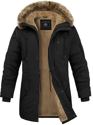 Xnova Giacca Invernale Uomo con Cappuccio Giubbotto Parka in Pile Caldo Medio Lungo, Cappotto Termico Militare Giubbino Antivento in Cotone con Tasche per Outdoor Sci Trekking, Nero, M