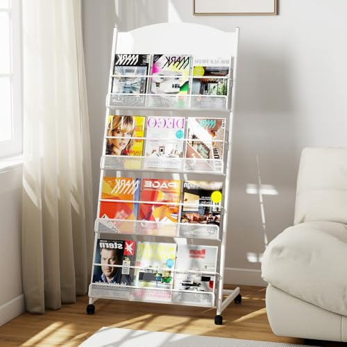 Tcatec 4-stufiger Prospektständer Zeitschriftenständer, Bodenstehender Literaturständer Prospekthalter, Groß Broschürenständer aus Stahl, A4 Zeitungsständer mit Rädern Für Öffentlicher Empfangsbereich