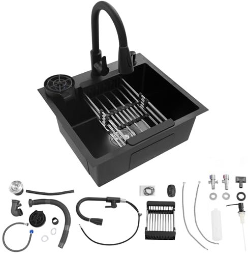 Fregadero de acero inoxidable de 50 x 45 cm, color negro, con grifo extraíble y lavavajillas para tazas, fregadero de cocina multifuncional, 1 lavabo, incluye tubo de drenaje, dispensador de jabón