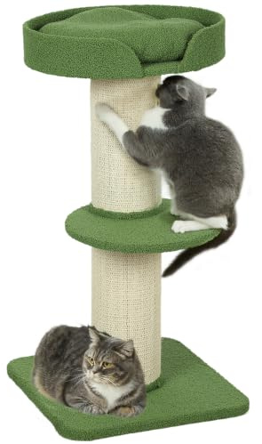 PawHut Kratzbaum Sisalstämme für mittelgroße Katzen 91 cm Grün | Plattform, Kissen, Mehrstöckiger Katzenkratzbaum, Kletterbaum