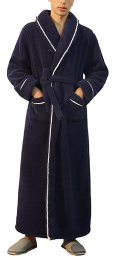 Celanisai Peignoir long en polaire douillet pour homme - Sans capuche - En polaire - Avec ceinture - Confortable - Doux - Pour l'hiver - Chaud - Pour l'hiver, O bleu marine, 3XL