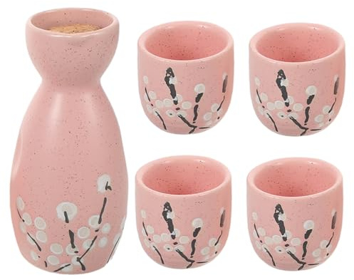 OFFSCH Cerámica Japonesa para Sake con Botella Tokkuri y Cuatro Tazas Ochoko Diseño de Flor de Ciruelo Blanco Juego de Utensilios para Vino Sake Casa y Oficina para Lavavajillas