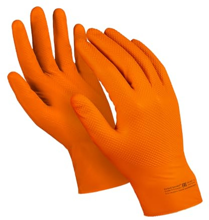 MANIPULA PROTECT Orange Nitrile Diamond Grip Gloves Extra Strong Thick Powder & Latex Free Multi-Purpose Mechanic Cleaning Resistant to household Сhemicals of 50 (100, 9 / L)