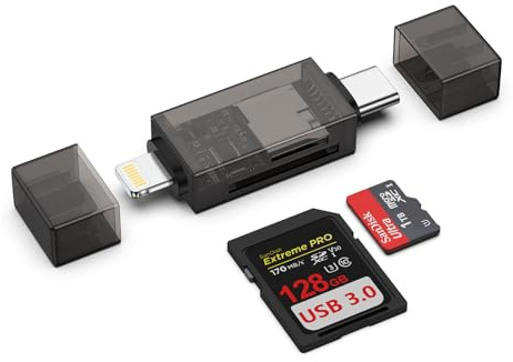 2 in 1 SD Kartenleser für iPhone, Lightning auf SD Karten Adapter iPhone Speicherkartenleser mit SD/MicroSD Card Reader, USB C SD Kartenleser für iPhone 17/16/15/14/13/12, i-Pad, Samsung S26/S25/S24
