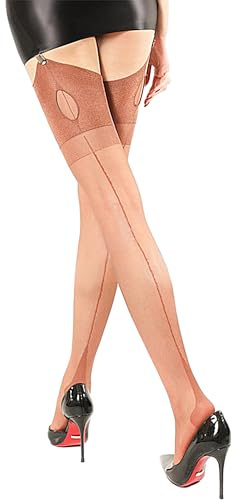 Luxallacki Vintage Keyhole Back Seam Hold-up Stockings, Cuban Heel Sheer Thigh-Highs for Retro Glamour (Brown,Large)